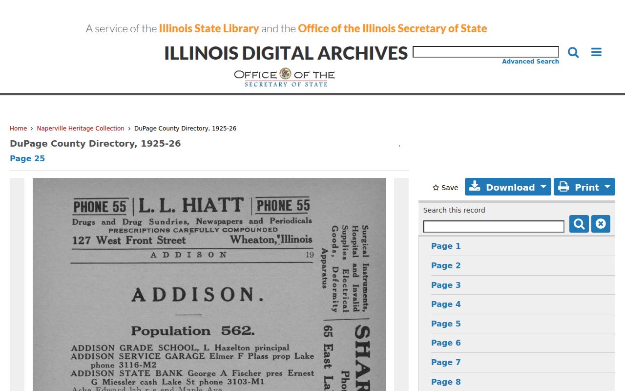 Scanned Addison directory names and Lake Street entries