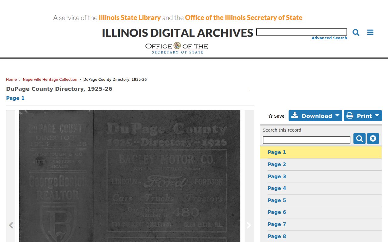 Digitized 1925-26 DuPage County Directory viewer