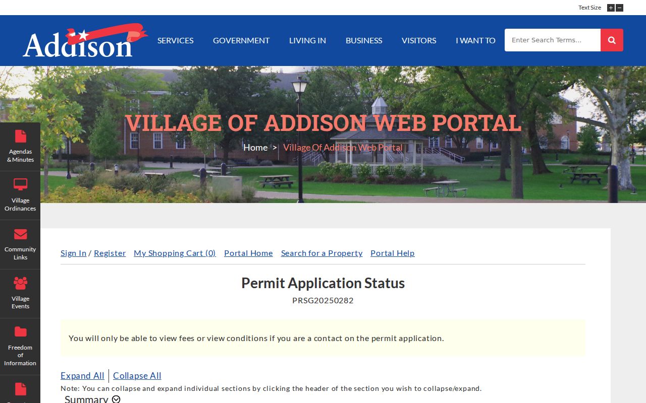 Sample Addison CityView permit status with application and final dates
