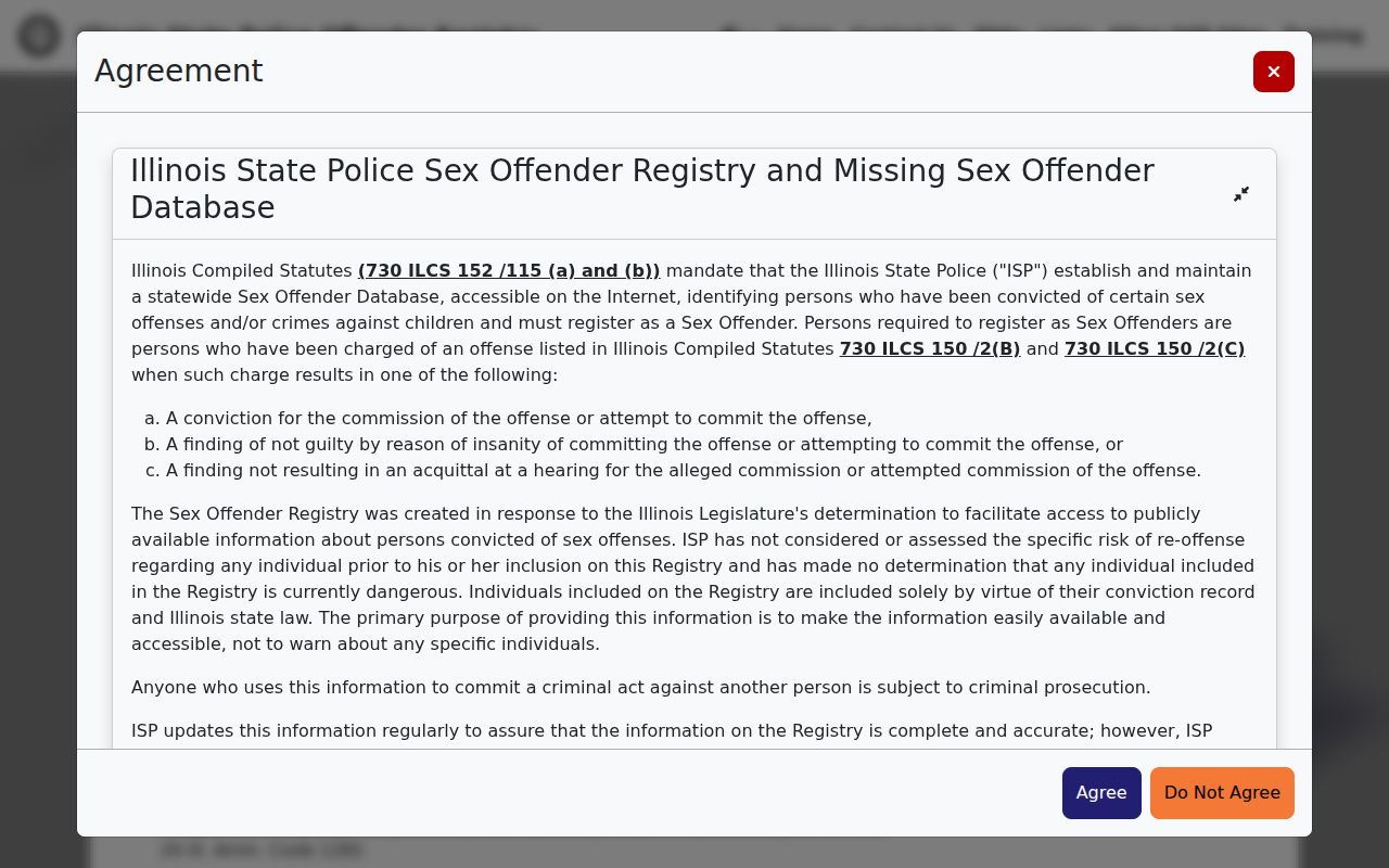 Illinois State Police official registry disclaimer for a careful Addison name search