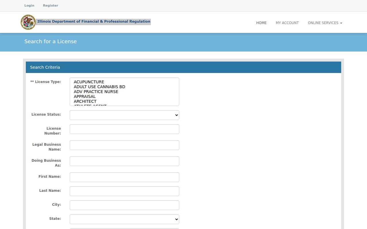 Illinois professional license search for checking an Addison name